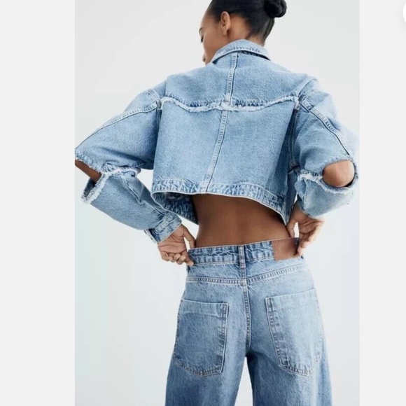 ZARA! Denim cropped oversized jacket cut out elbows XS - Picture 4 of 15